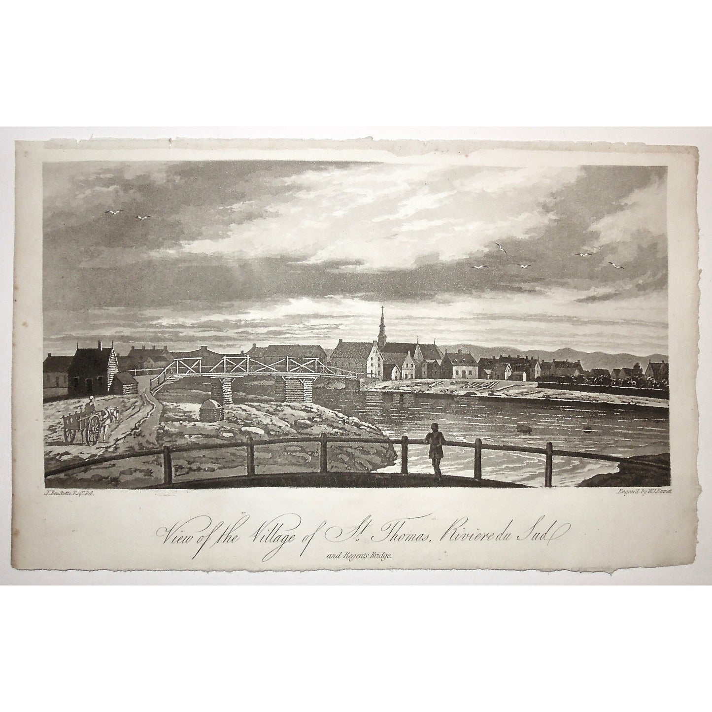 View, Village, St. Thomas, Riviere du Sud, Quebec, Canada, town, bridge, church, horse and carriage, horse and buggy, Canadian village, A Topographical Description of the Province of Lower Canada, Lower Canada, Joseph Bouchette, Bouchette, 1815, W. Faden, Faden, W. J. Bennett, Bennett, Charing Cross, London, steel engraving, black and white, Antique, Prints, Vintage, Decor, History, Canadiana, 