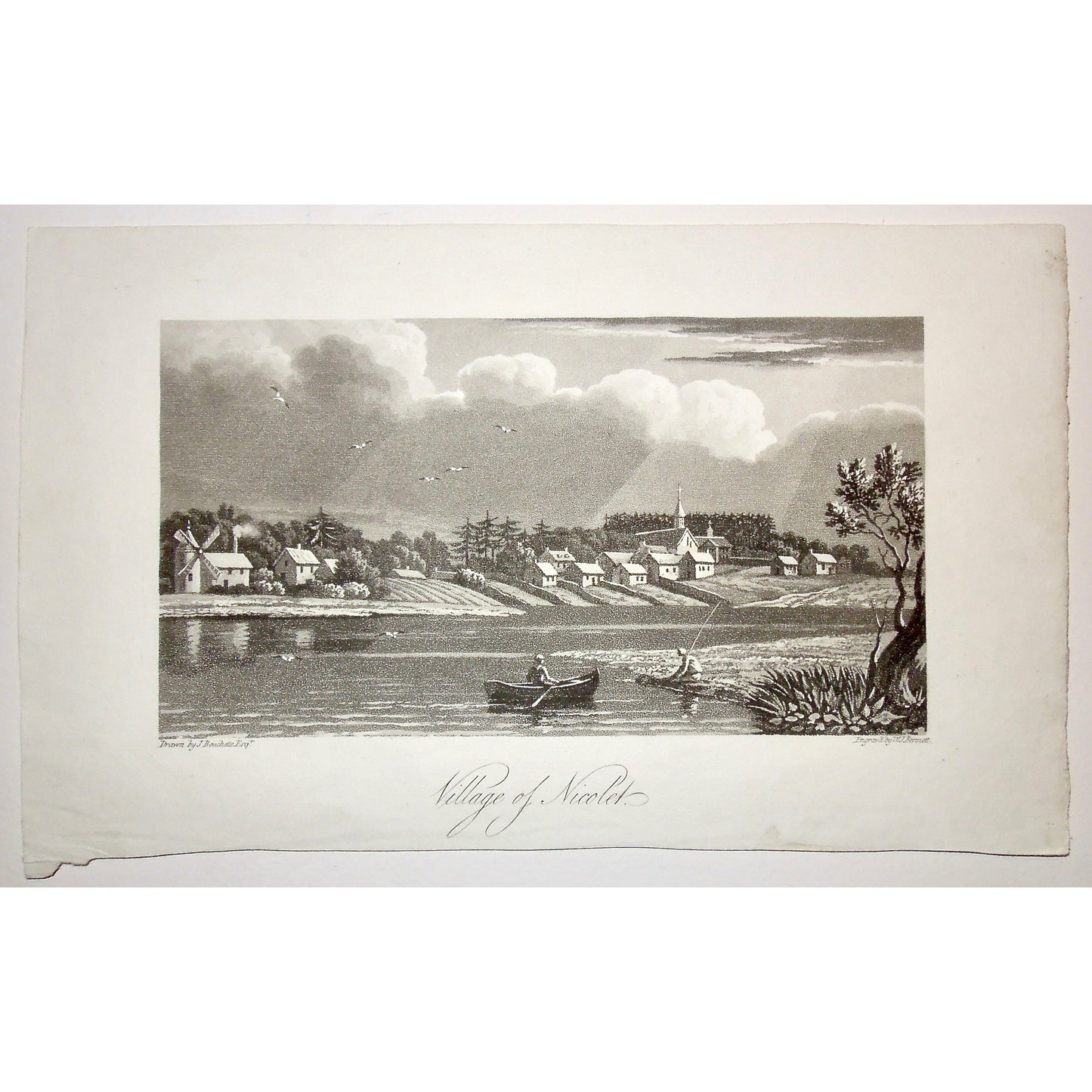 Village, town, Village of Nicolet, Nicolet, windmill, boat, row boat, fishing, church, canadian town, A Topographical Description of the Province of Lower Canada, Lower Canada, Joseph Bouchette, Bouchette, 1815, W. Faden, Faden, W. J. Bennett, Bennett, Charing Cross, London, steel engraving, black and white, Antique Print, Vintage, Prints, Wall decor, Home decor, Design, Engraving, Original, Collector, Art, Interior Design, Canadiana, History, Historical Print,