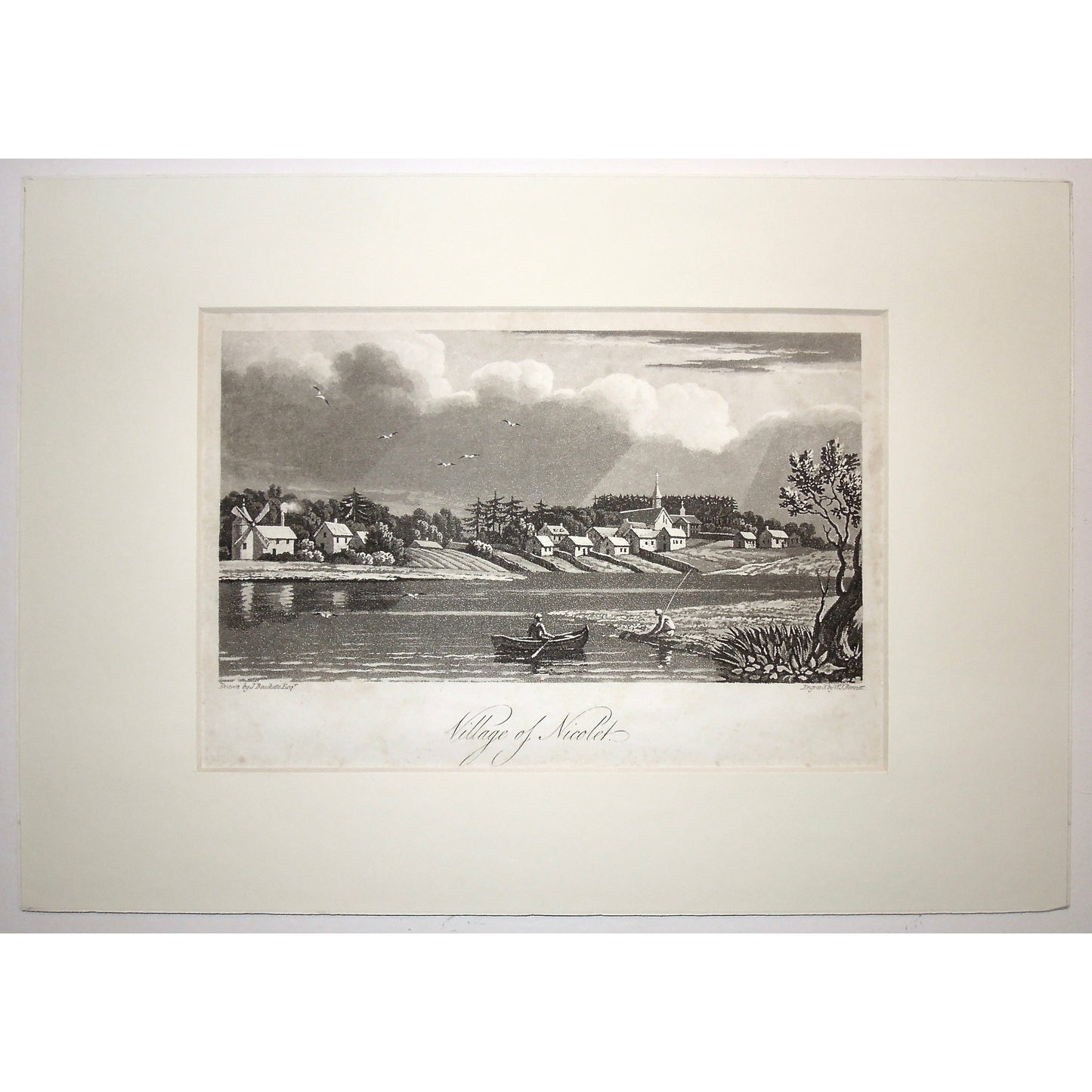 Village, town, Village of Nicolet, Nicolet, windmill, boat, row boat, fishing, church, canadian town, A Topographical Description of the Province of Lower Canada, Lower Canada, Joseph Bouchette, Bouchette, 1815, W. Faden, Faden, W. J. Bennett, Bennett, Charing Cross, London, steel engraving, black and white, Original Prints, Rare prints, Old Prints, Old Books, Art, Decor, Engraving, Collectors, Canadiana, Historical, Art History,