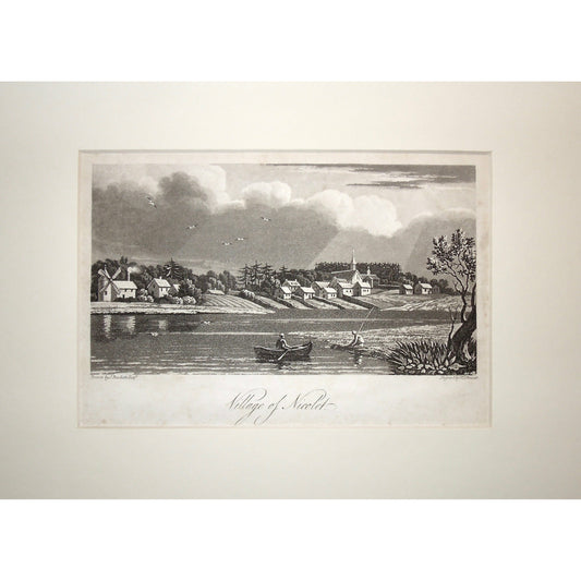 Village, town, Village of Nicolet, Nicolet, windmill, boat, row boat, fishing, church, canadian town, A Topographical Description of the Province of Lower Canada, Lower Canada, Joseph Bouchette, Bouchette, 1815, W. Faden, Faden, W. J. Bennett, Bennett, Charing Cross, London, steel engraving, black and white, Original Prints, Rare prints, Old Prints, Old Books, Art, Decor, Engraving, Collectors, Canadiana, Historical, Art History,