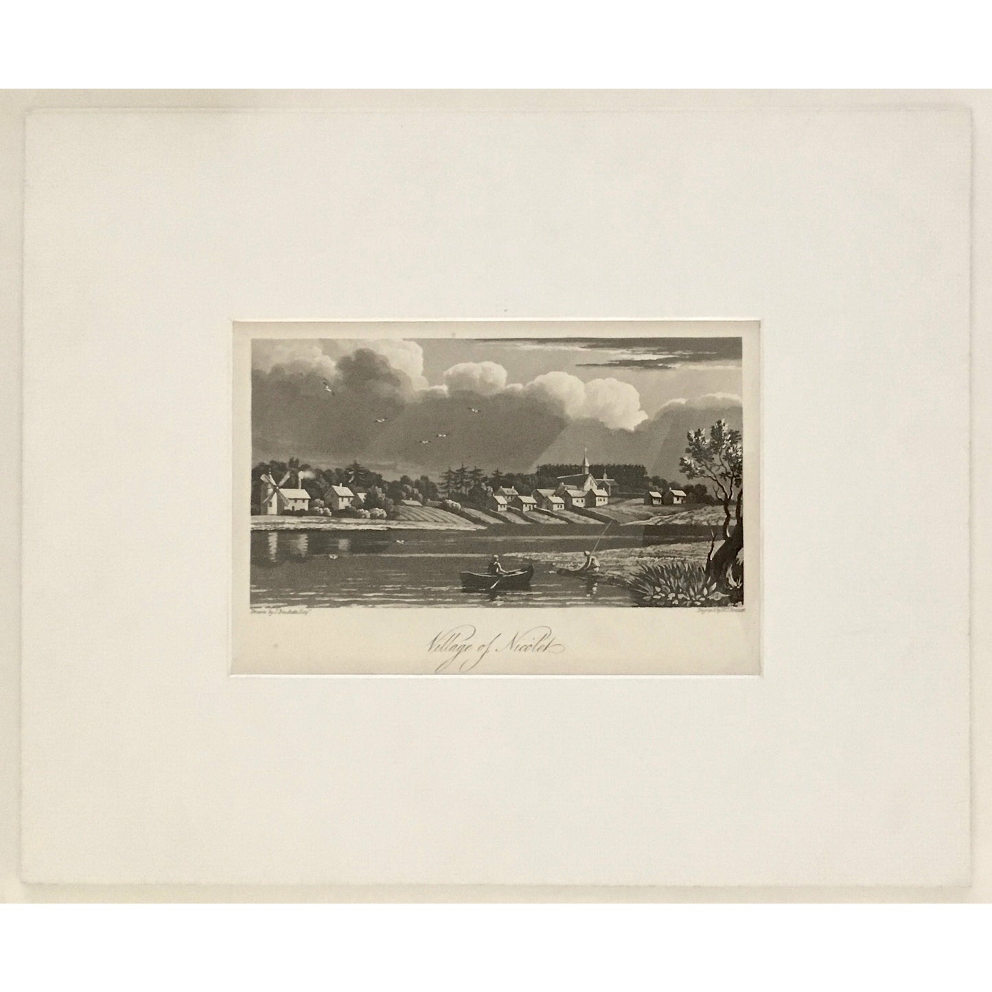 Village, town, Village of Nicolet, Nicolet, windmill, boat, row boat, fishing, church, canadian town, A Topographical Description of the Province of Lower Canada, Lower Canada, Joseph Bouchette, Bouchette, 1815, W. Faden, Faden, W. J. Bennett, Bennett, Charing Cross, London, steel engraving, black and white, matted, Antique Prints, Prints, Antiques, Art, Home Decor, Design, Interior Decor, Wall art, Engraving, History of Art,