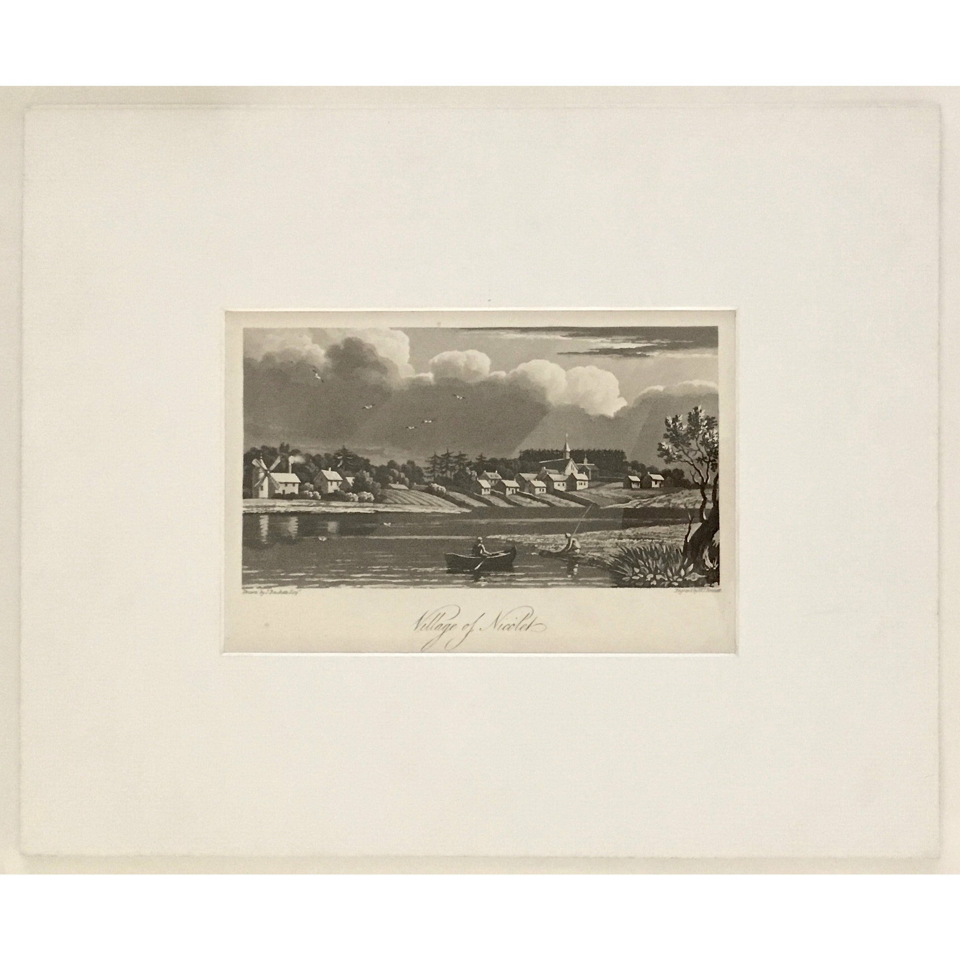 Village, town, Village of Nicolet, Nicolet, windmill, boat, row boat, fishing, church, canadian town, A Topographical Description of the Province of Lower Canada, Lower Canada, Joseph Bouchette, Bouchette, 1815, W. Faden, Faden, W. J. Bennett, Bennett, Charing Cross, London, steel engraving, black and white, matted, Antique Prints, Prints, Antiques, Art, Home Decor, Design, Interior Decor, Wall art, Engraving, History of Art, 