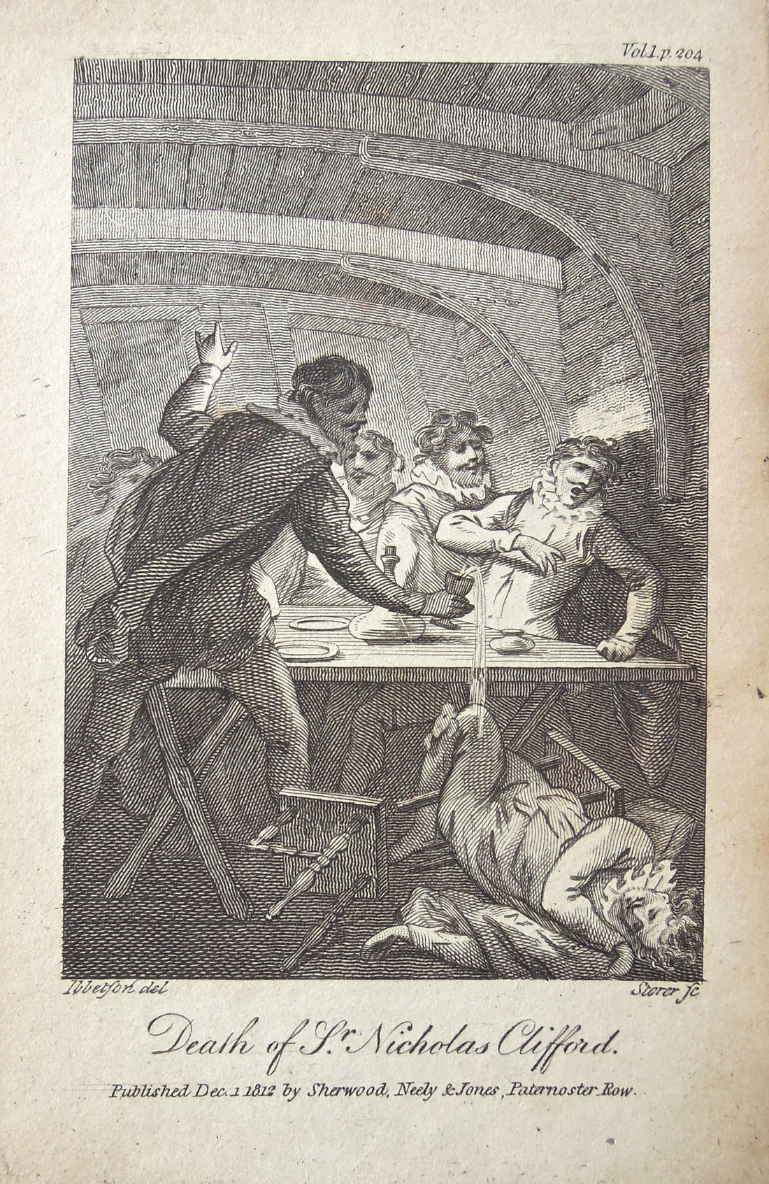 Death, Poisoning, Sr. Nicholas Clifford, Clifford, pub, bar, poison, Murder, Tavern, Antique Print, Antique, Prints, Vintage, Art, Wall art, Decor, design, collectible, history, art history, historical, Francis Drake, Sir, Bar fight, Brawl, 