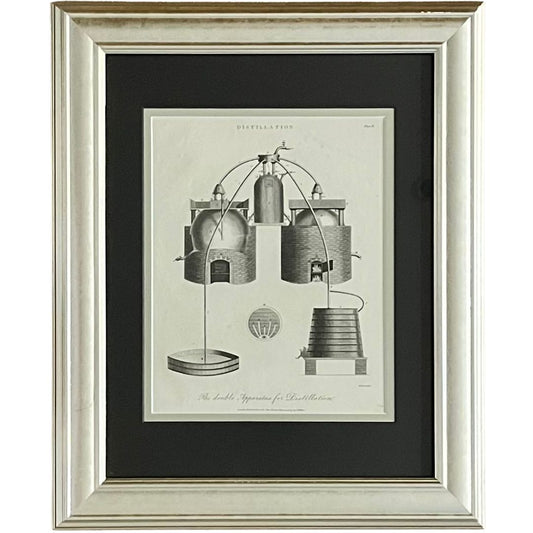 Original antique print of distillery machines for sale by Victoria Cooper Antique Prints nicely framed in silver and black to make it pop