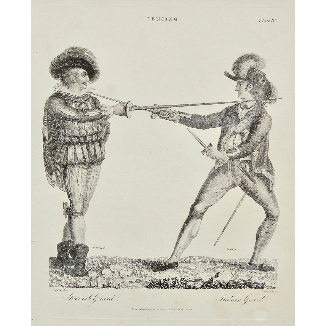 Fencing styles in Europe in the Early 1800s, original antique fencing prints for sale by Victoria Cooper Antique Prints