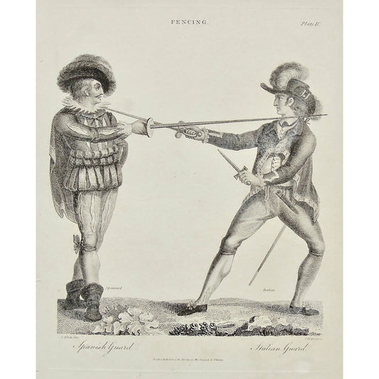 Fencing styles in Europe in the Early 1800s, original antique fencing prints for sale by Victoria Cooper Antique Prints