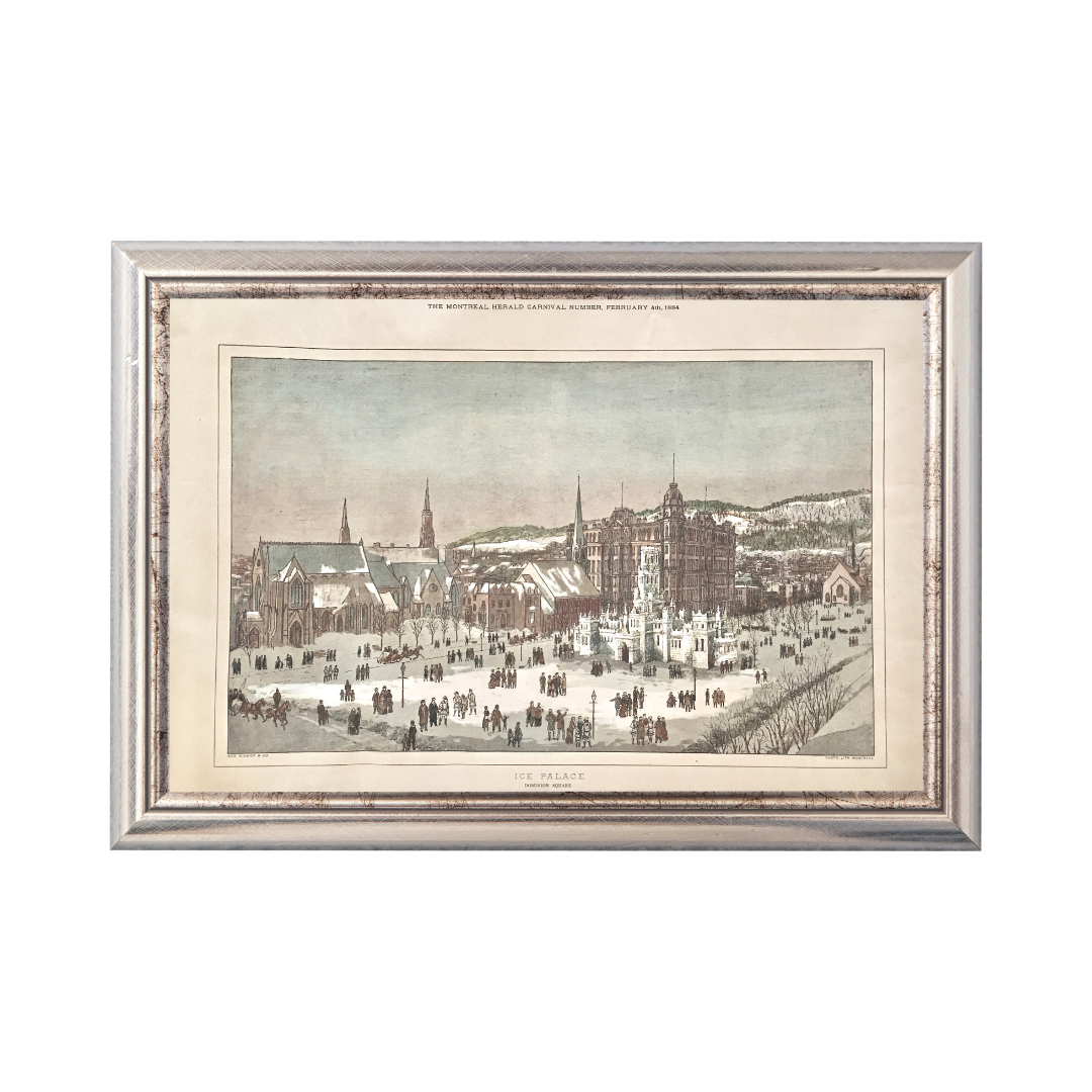 Montreal Ice Palace in Dominion Square from the Winter Carnival published in the Montreal Herald February 4th, 1884, original antique print