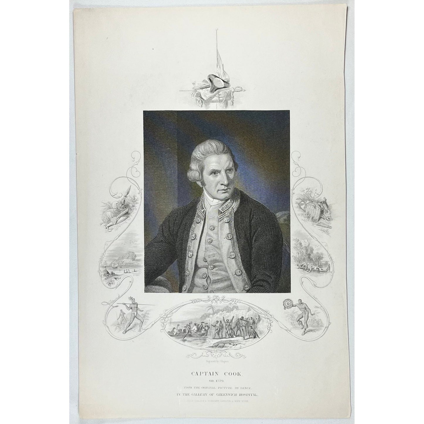 Captain Cook on 1779 from the Original Pcitue by Dance in the Gallery of Greenwich Hosptial, circa 1860 for sale by Victoria Cooper Antique Prints