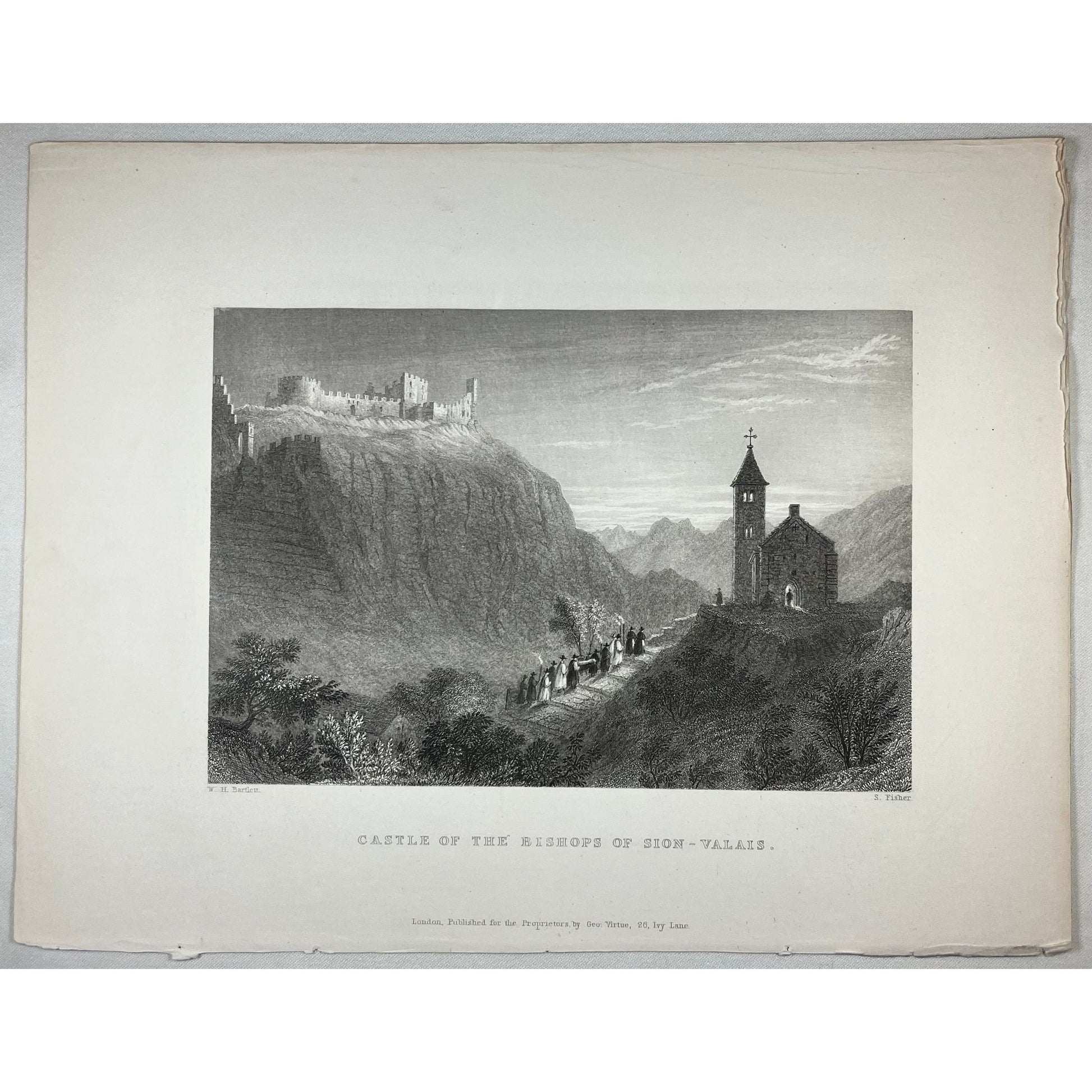 Original antique print of the Castle of the Bishops of Sion-Valais by Henry Bartlett from William Beattie’s Switzerland Illustrated from 1836, Chateu de Tourbillon, Tourbillon Castle, for sale by Victoria Cooper Antique Prints