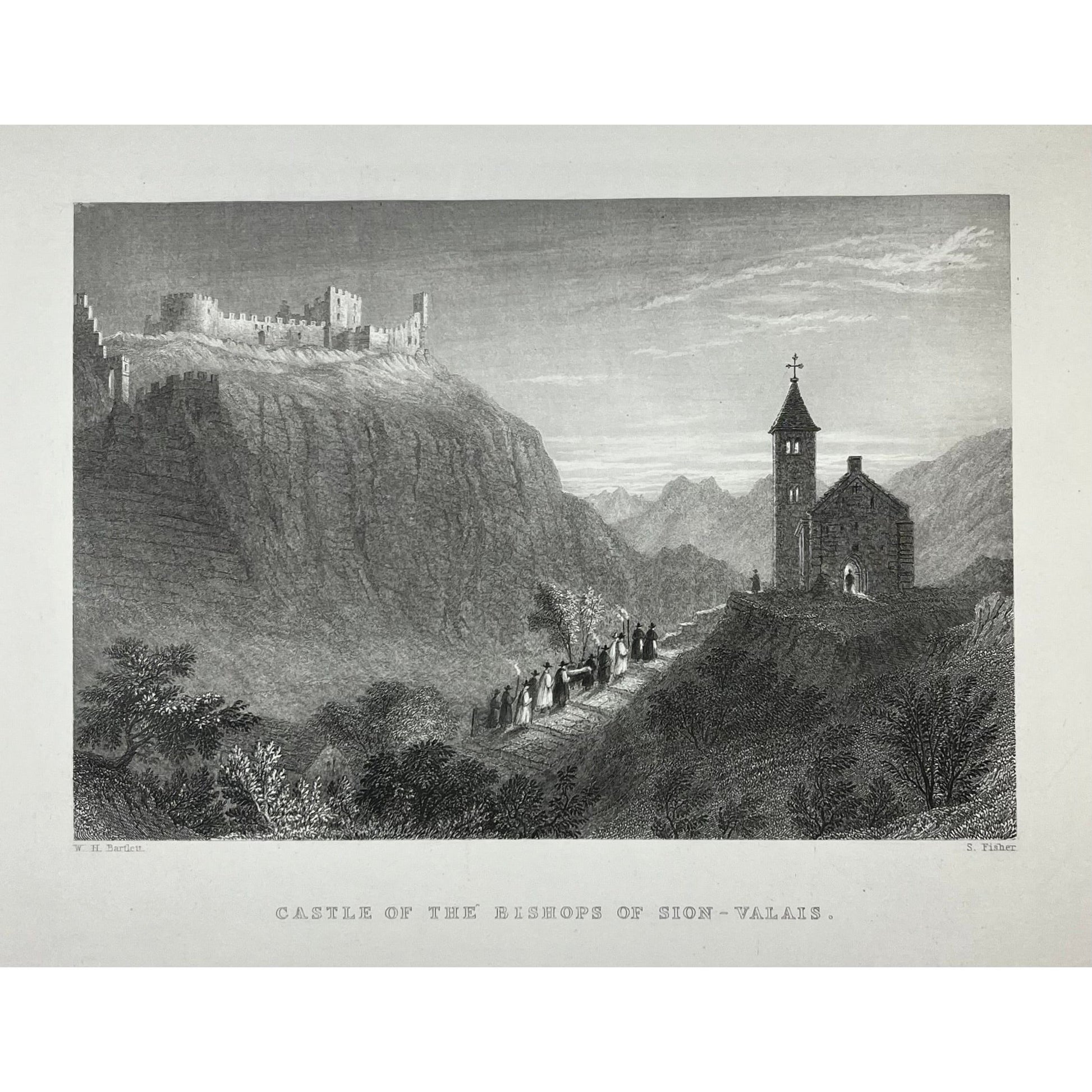 Original antique print of the Castle of the Bishops of Sion-Valais by Henry Bartlett from William Beattie’s Switzerland Illustrated from 1836, Chateu de Tourbillon, Tourbillon Castle, for sale by Victoria Cooper Antique Prints