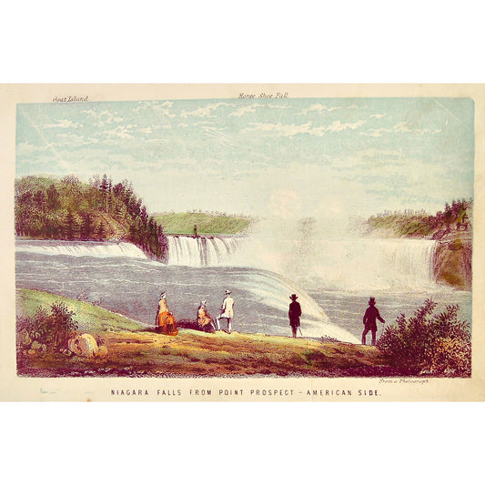 Antique print of Niagara Falls on the American Side from Point Prospect, original coloured print from a photograph by Thomas Nelson & Sons, 1858 for sale by Victoria Cooper Antique Prints