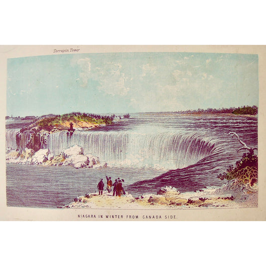 Original coloured antique print of Niagara in Winter from Canada Side with people and Terrapin Tower over Horseshoe Falls,  by Thomas Nelson & Sons 1858 for sale by Victoria Cooper Antique Prints