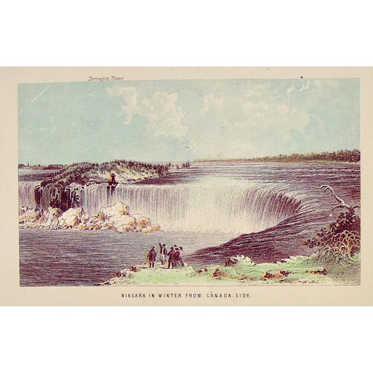 Original coloured antique print of Niagara in Winter from Canada Side with people and Terrapin Tower over Horseshoe Falls,  by Thomas Nelson & Sons 1858 for sale by Victoria Cooper Antique Prints