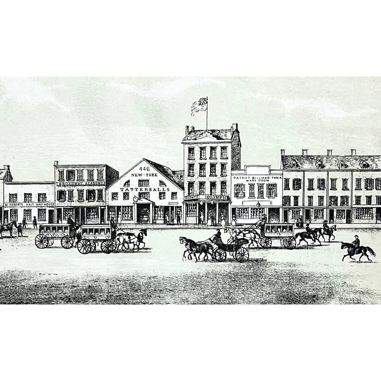 Original antique print of Broadway In New York from the 1840s at Howard and Grand Streets, showing Broadway Academy, Rondon’s, Harrington, Tattersall, Hayward, Patent Billiard, Roberts Halfway House, Olympic and Pearl with Horse and Buggies roaming the streets.
