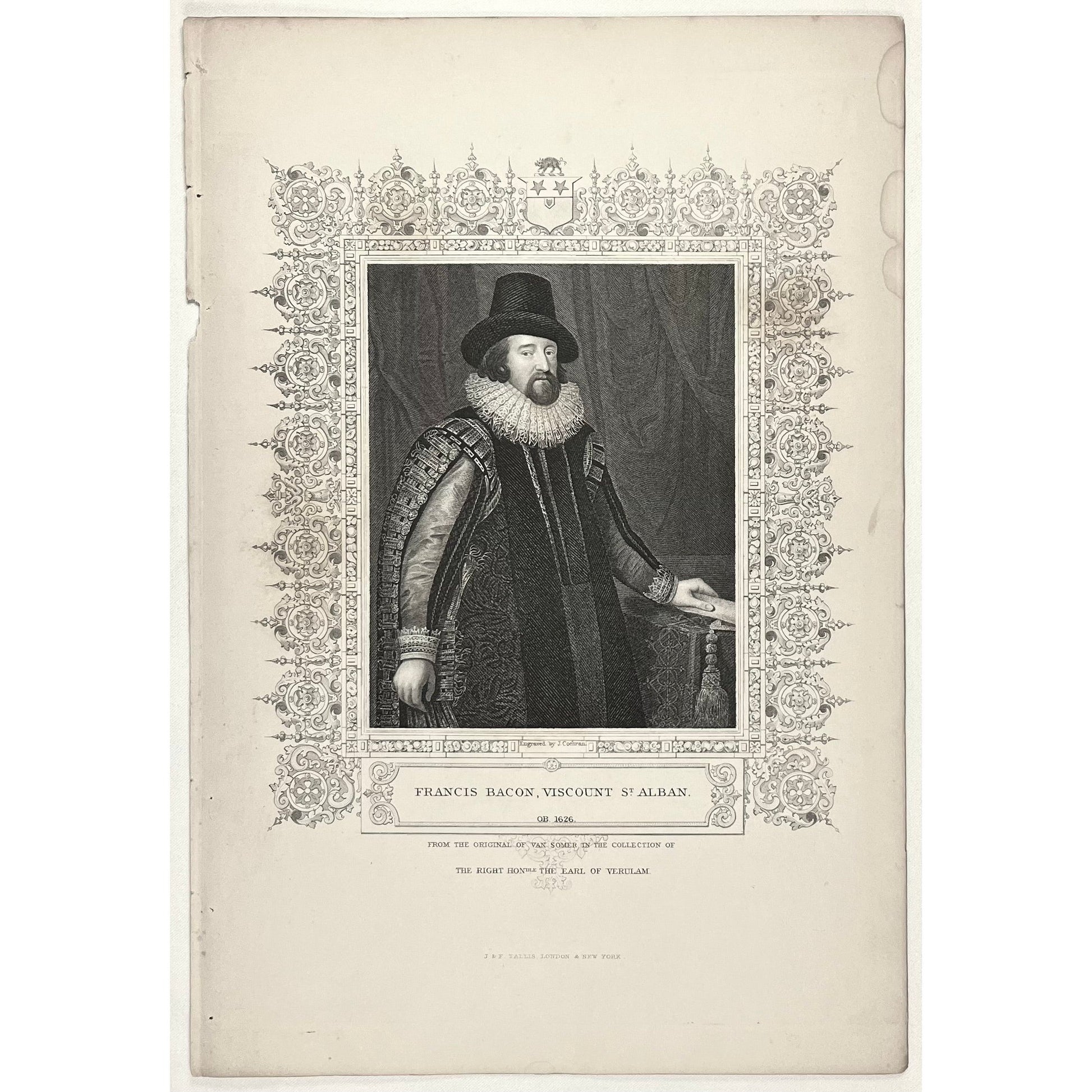 Francis Bacon Viscount St. Alban, St. Albans 0B 1626 From the Original of Van Somer in the Collection of The Right Honorable The Earl of Verulam for Sale by Victoria Cooper Antique Prints