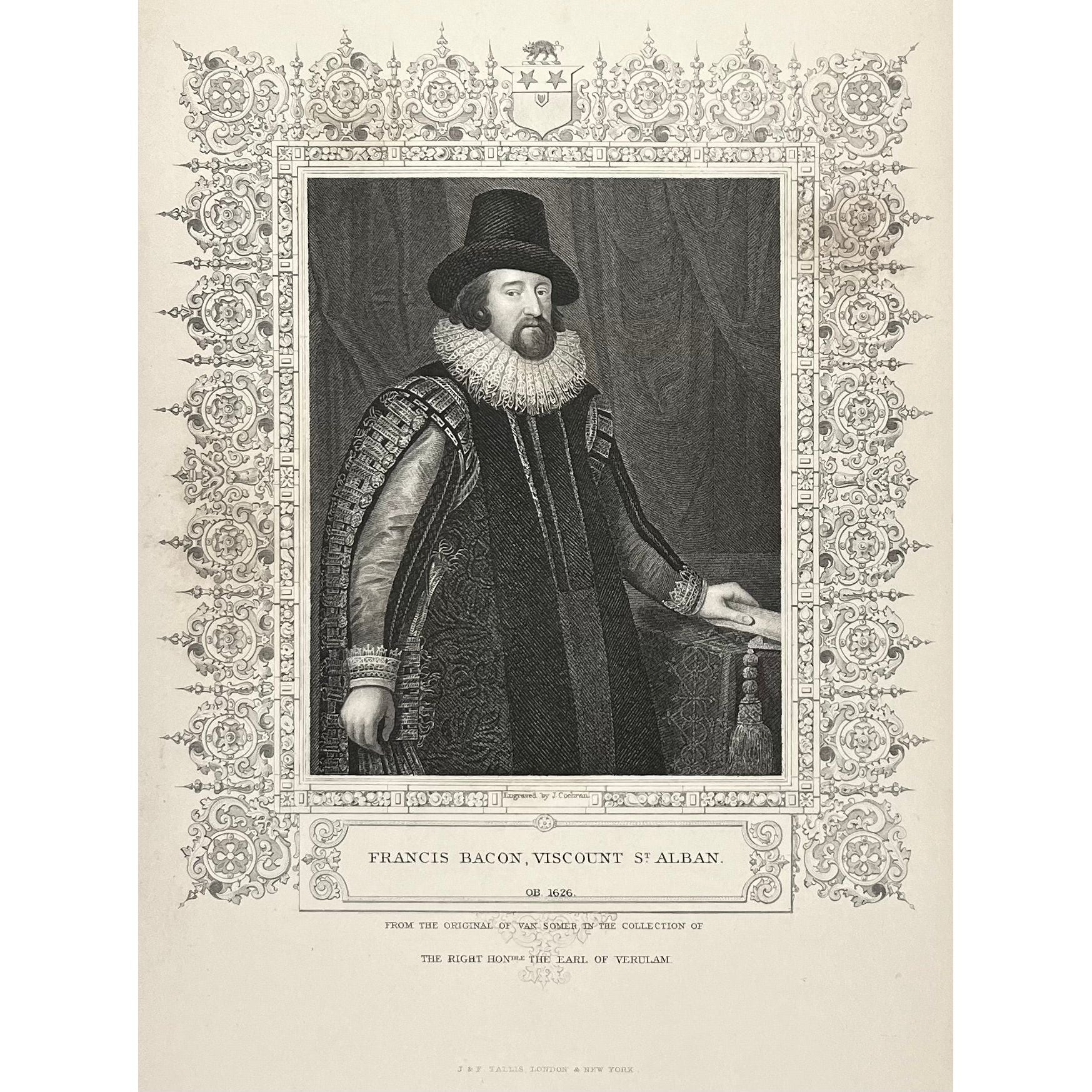 Francis Bacon Viscount St. Alban, St. Albans 0B 1626 From the Original of Van Somer in the Collection of The Right Honorable The Earl of Verulam for Sale by Victoria Cooper Antique Prints