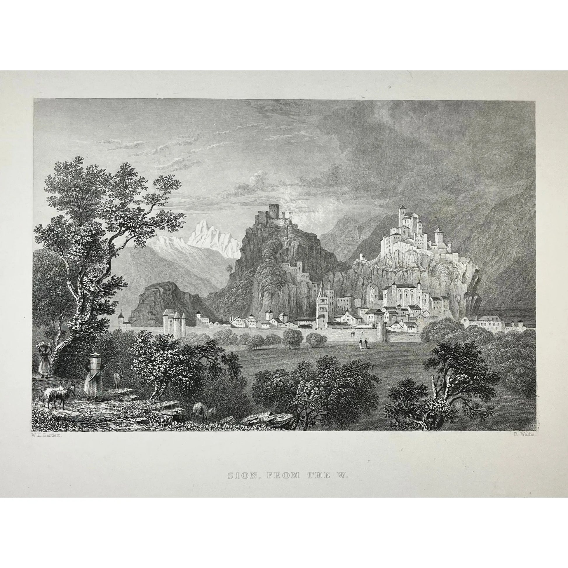 Original Antique Print of Sion from the West in Switzerland by W. H. Bartlett from Switzerland Illustrated, 1836 by Beattie MD, for sale by Victoria Cooper Antique Prints