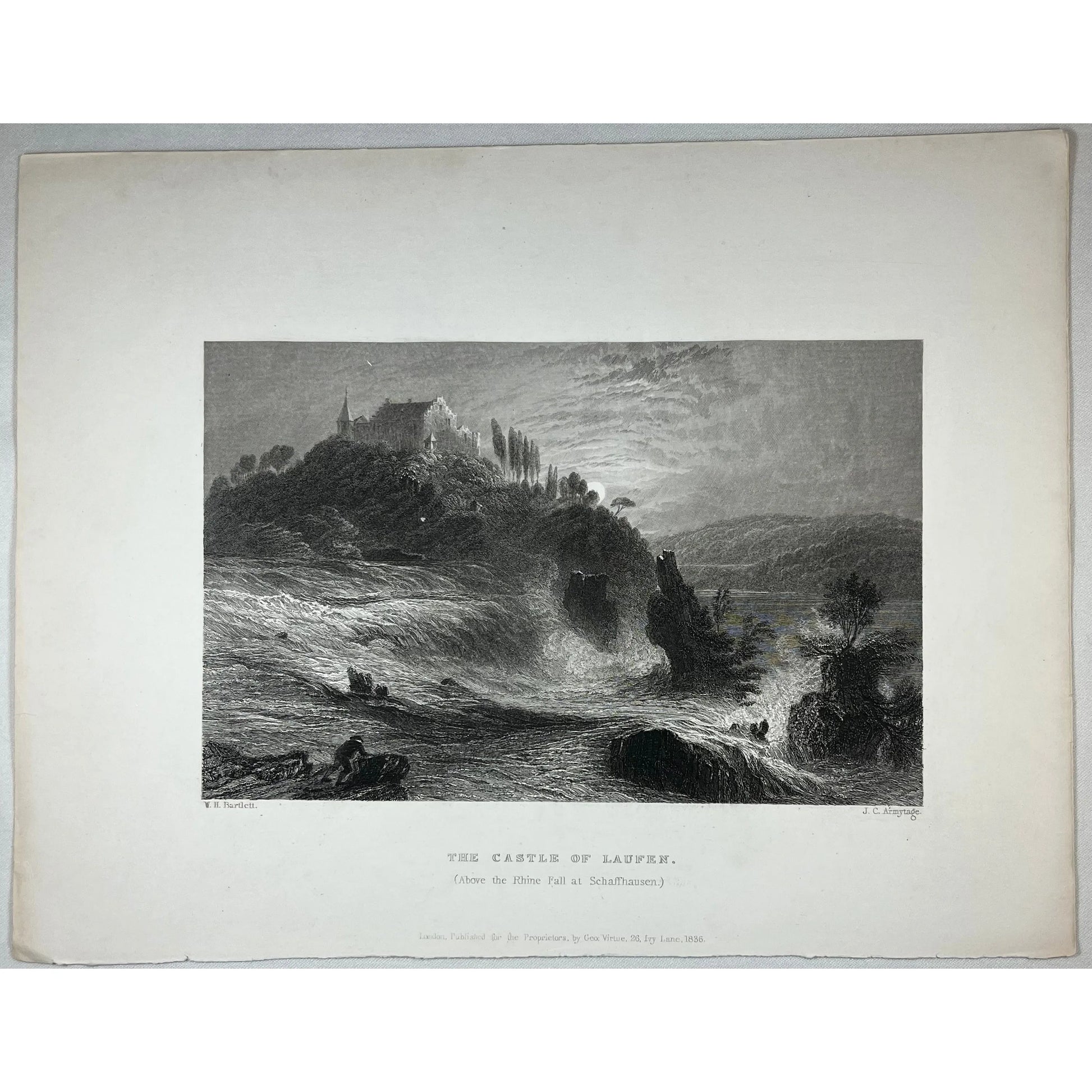 Original Antique Print of The Castle of Laufen above the Rhine at Schaffhausen in Switzerland by W. H. Bartlett from Switzerland Illustrated, 1836 by Beattie MD, for sale by Victoria Cooper Antique Prints