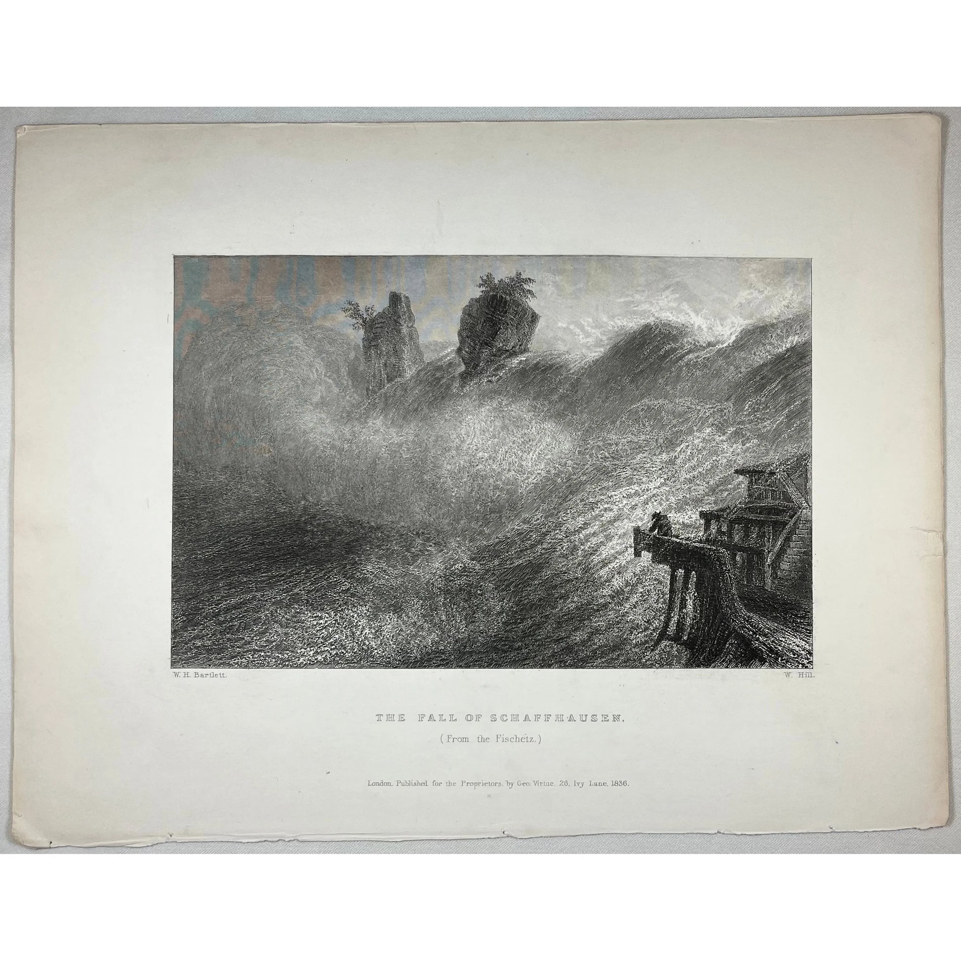 Original Antique Print of The Fall of Schaffhausen from the Fischetz in Switzerland by W. H. Bartlett from Switzerland Illustrated, 1836 by Beattie MD, for sale by Victoria Cooper Antique Prints