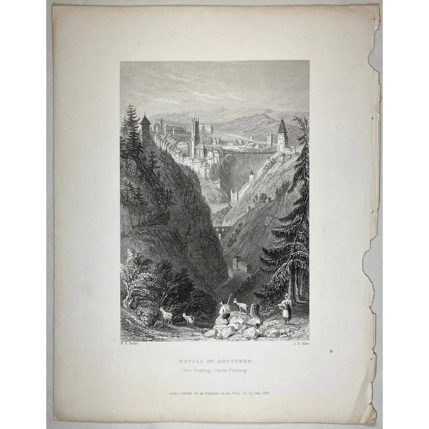 Original Antique Print of Defile of Gotteron near Freyburg, Canton-Freyburg in Switzerland by W. H. Bartlett from Switzerland Illustrated, 1836 by Beattie MD, for sale by Victoria Cooper Antique Prints