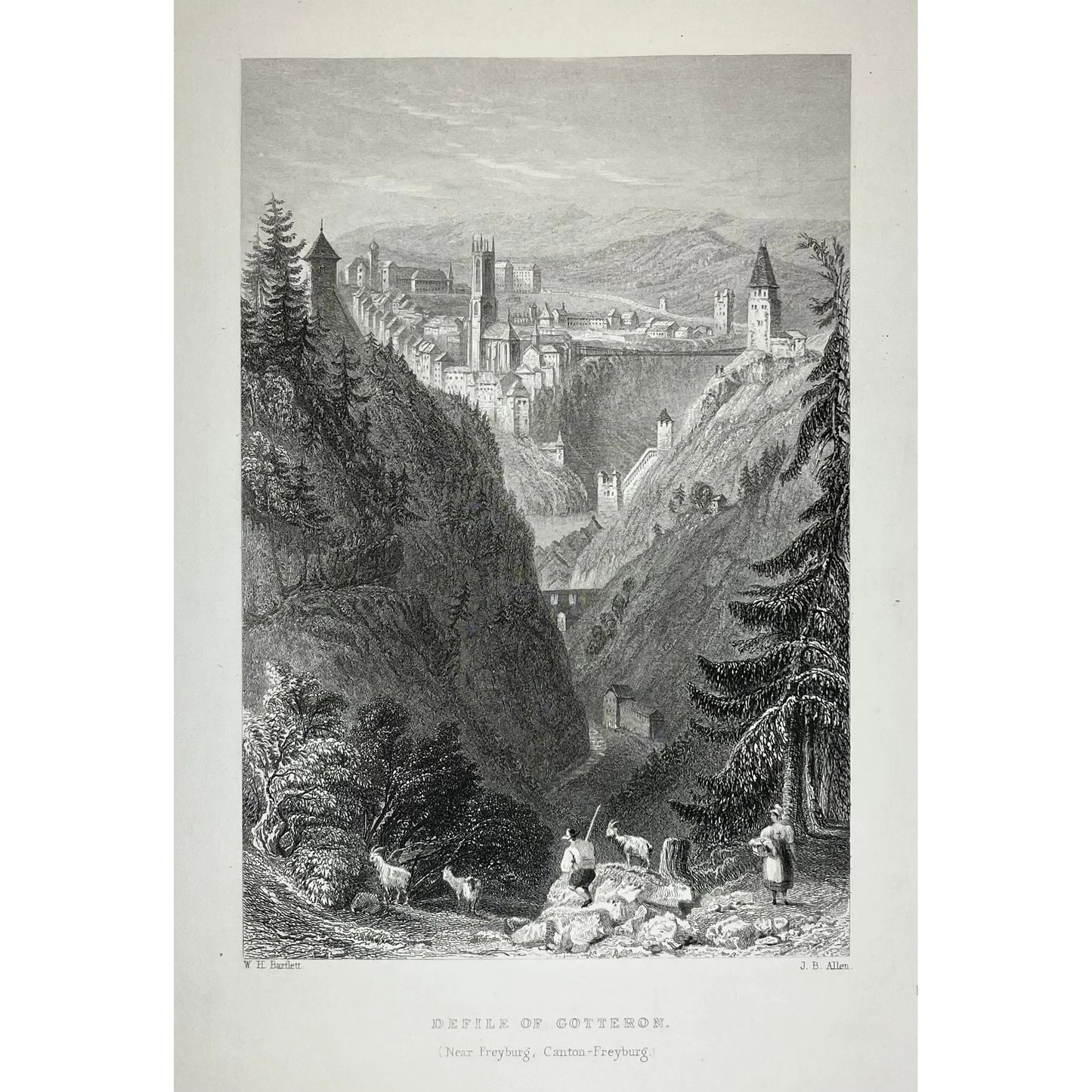 Original Antique Print of Defile of Gotteron near Freyburg, Canton-Freyburg in Switzerland by W. H. Bartlett from Switzerland Illustrated, 1836 by Beattie MD, for sale by Victoria Cooper Antique Prints