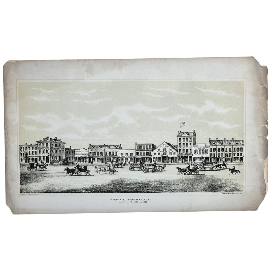 Original antique print of Broadway In New York from the 1840s at Howard and Grand Streets, showing Broadway Academy, Rondon’s, Harrington, Tattersall, Hayward, Patent Billiard, Roberts Halfway House, Olympic and Pearl with Horse and Buggies roaming the streets.