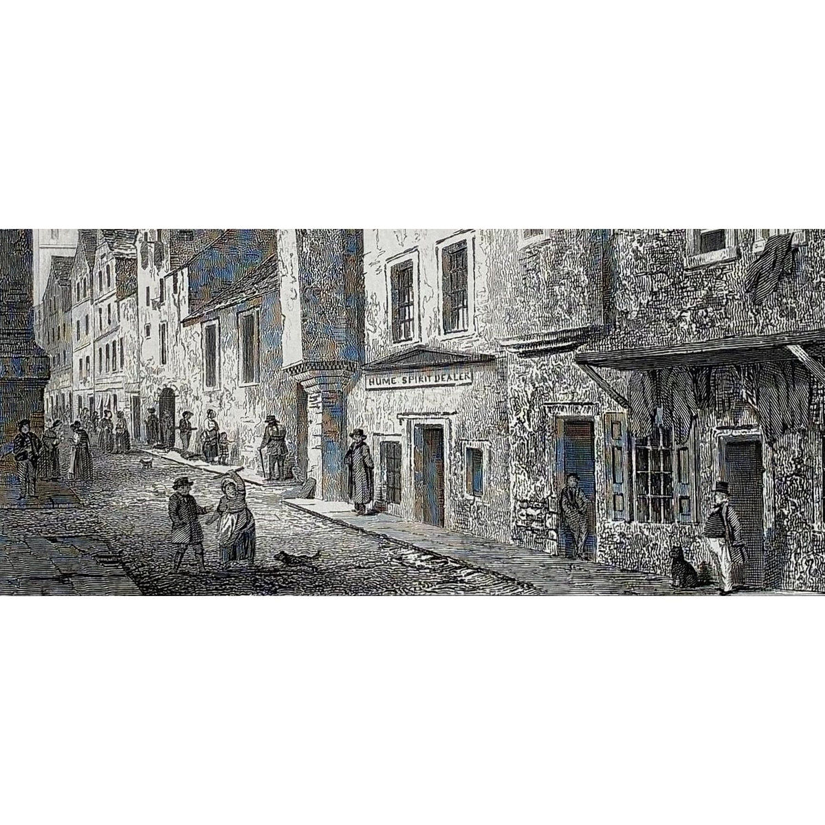 Close-up of engraving detail: Close up detail antique steel engraving Cardinal Beaton’s House Black-Friars’ Wynd Cowgate Edinburgh 1817 demolished building Old Town medieval architecture