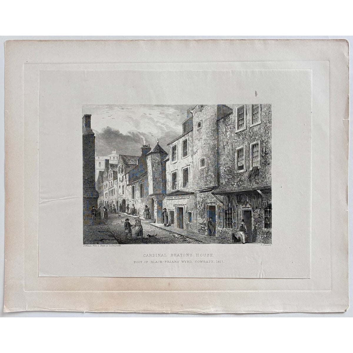 Condition/paper detail: Aged paper antique steel engraving Cardinal Beaton’s House Edinburgh 1848 thin paper adhered thicker backing general wear edges