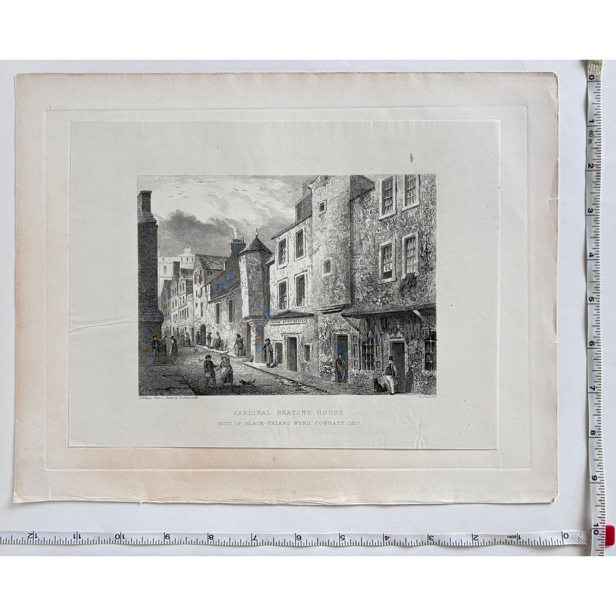 Measurements image (rulers on two sides): Antique steel engraving Cardinal Beaton’s House Edinburgh 1848 with rulers showing paper dimensions 9 three quarters x 12 quarter inches
