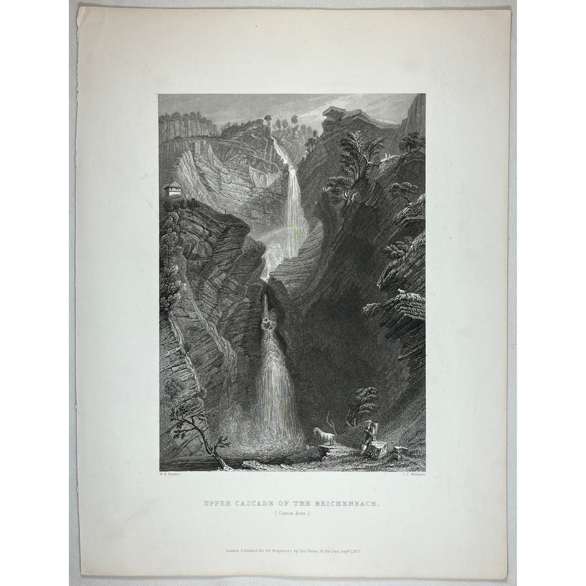 Upper Cascade of Reichenbach Falls (Canton Bern) original antique print for sale by Victoria Cooper Antique Prints