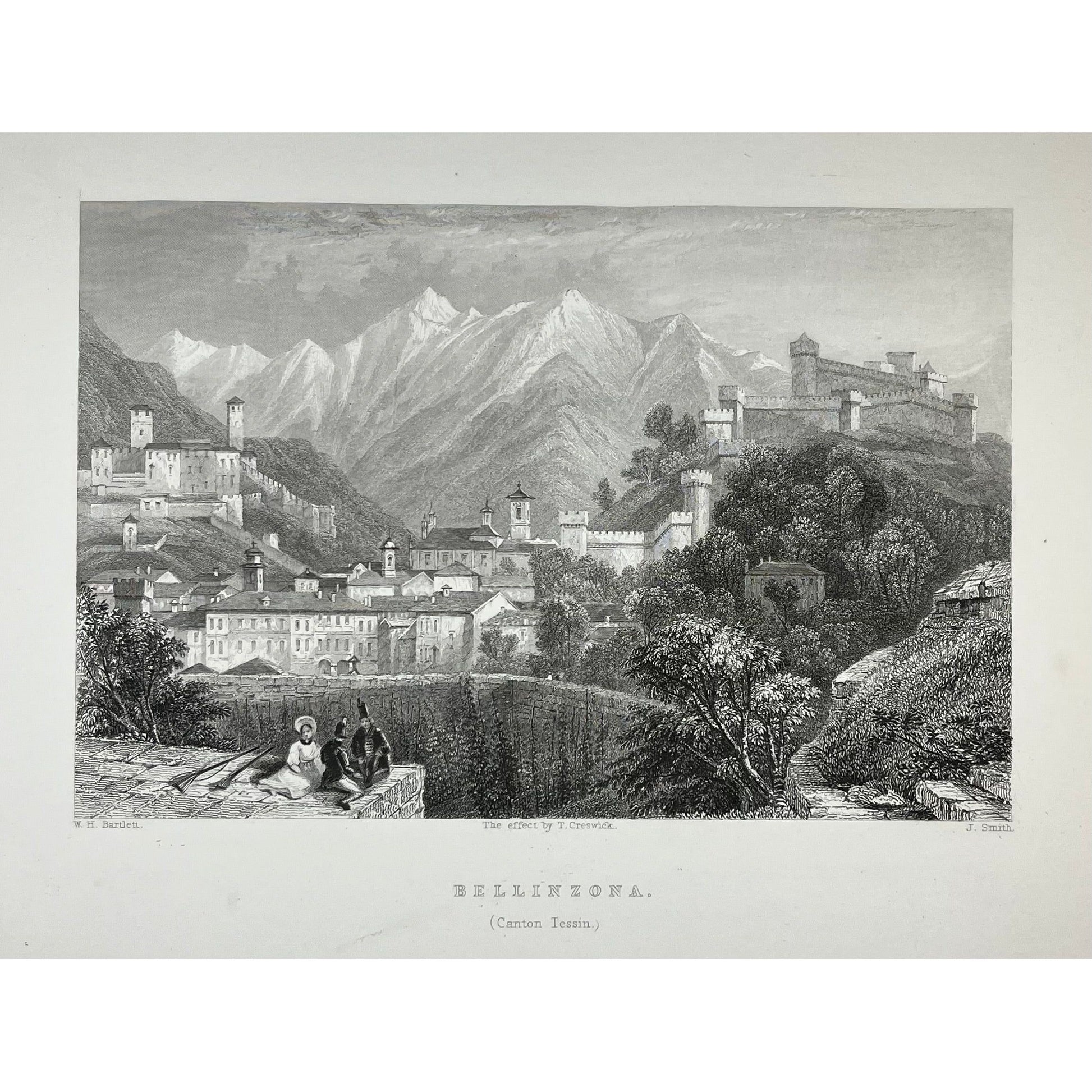 Original antique print of Bellinzona Canton Tessin in Switzerland by Bartlett for Switzerland Illustrated by Beattie for sale by Victoria Cooper Antique Prints