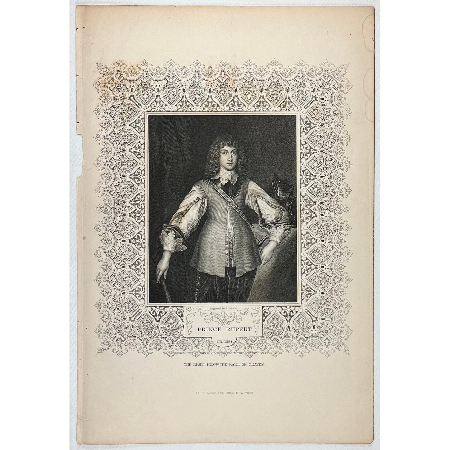 Prince Rupert OB 1682 from the original of Vandyke in the collection of the Right Honorable Earl of Craven by Cochran, published by Tallis c. 1860 original antique portrait print for sale by Victoria Cooper Antique Prints