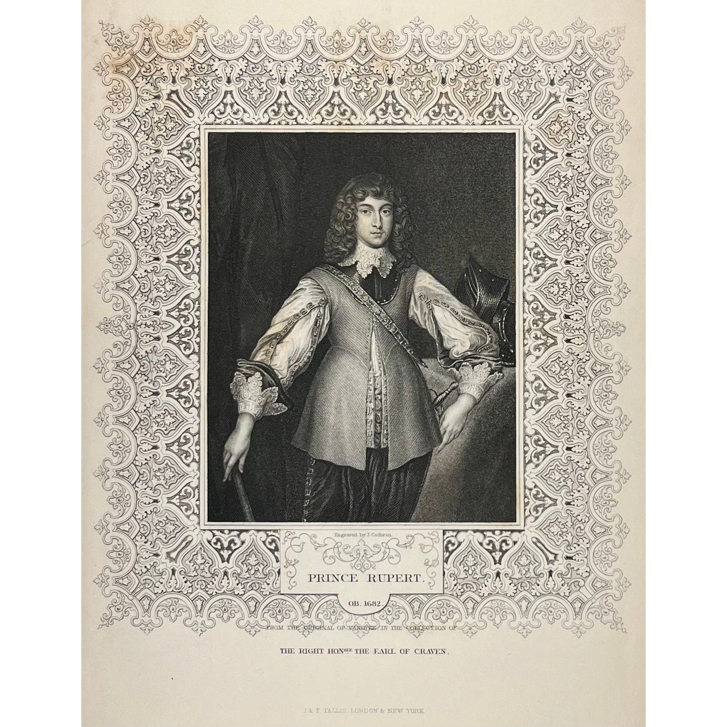 Prince Rupert OB 1682 from the original of Vandyke in the collection of the Right Honorable Earl of Craven by Cochran, published by Tallis c. 1860 original antique portrait print for sale by Victoria Cooper Antique Prints