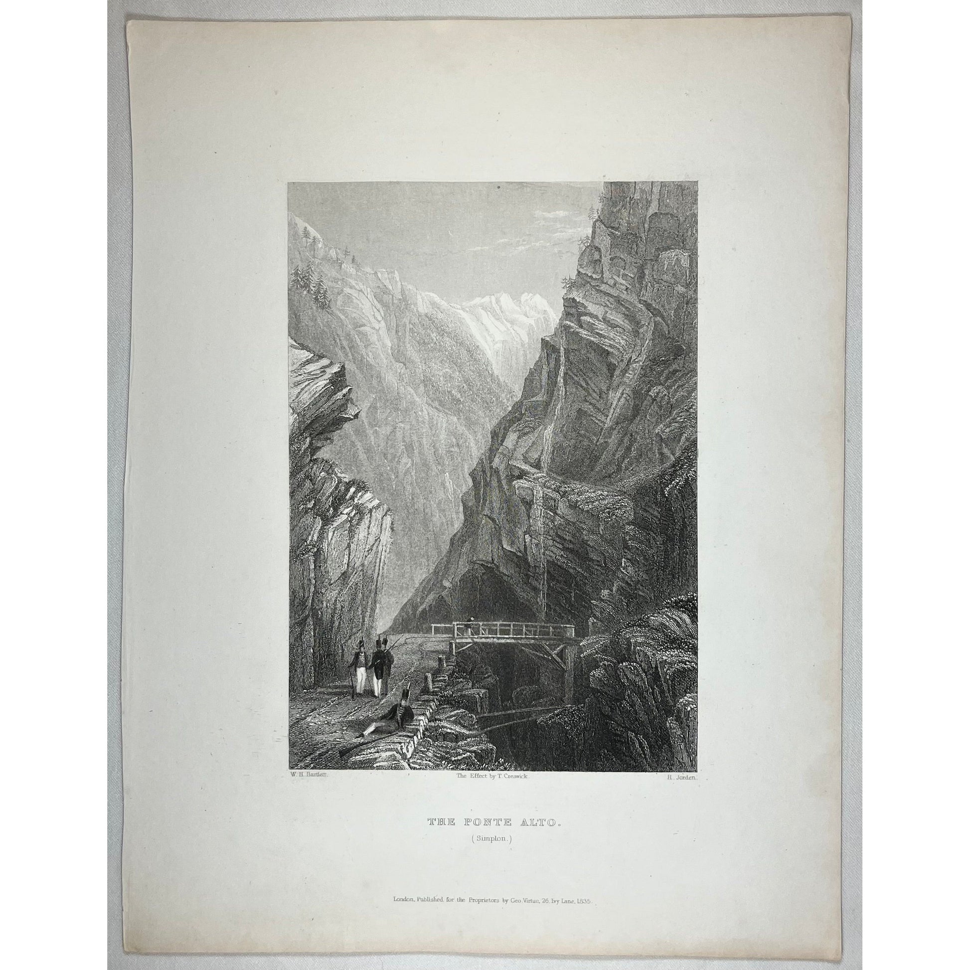 Original antique print of The Ponte Alto in Simplon, Switzerland by Henry Bartlett from William Beattie’s Switzerland Illustrated from 1836 for sale by Victoria Cooper Antique Prints