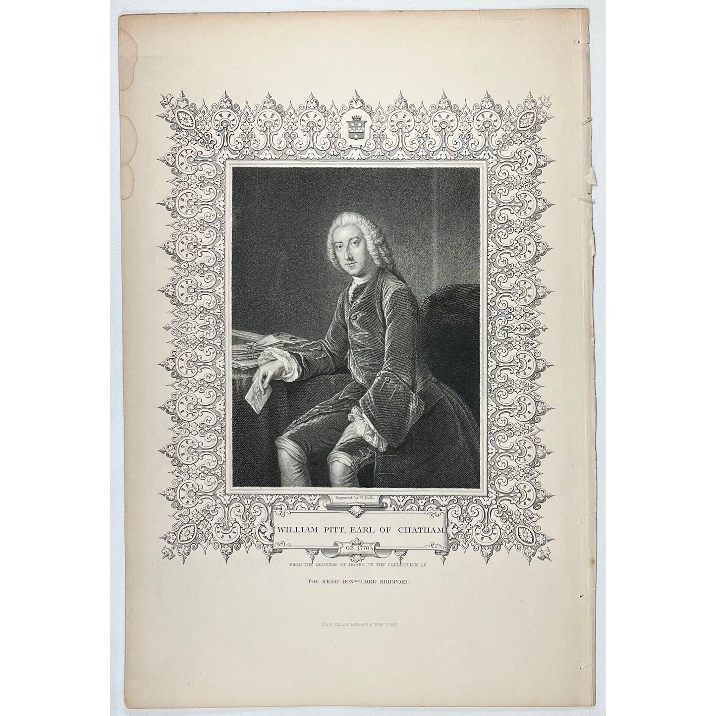 William Pitt, Earl of Chatham OB 1778 engraved by W. Holl From the original of Hoare in the Collection of the Right Honorable Lord Bridport by Tallis, London and New York, c. 1860 original antique portrait print for sale by Victoria Cooper Antique Prints