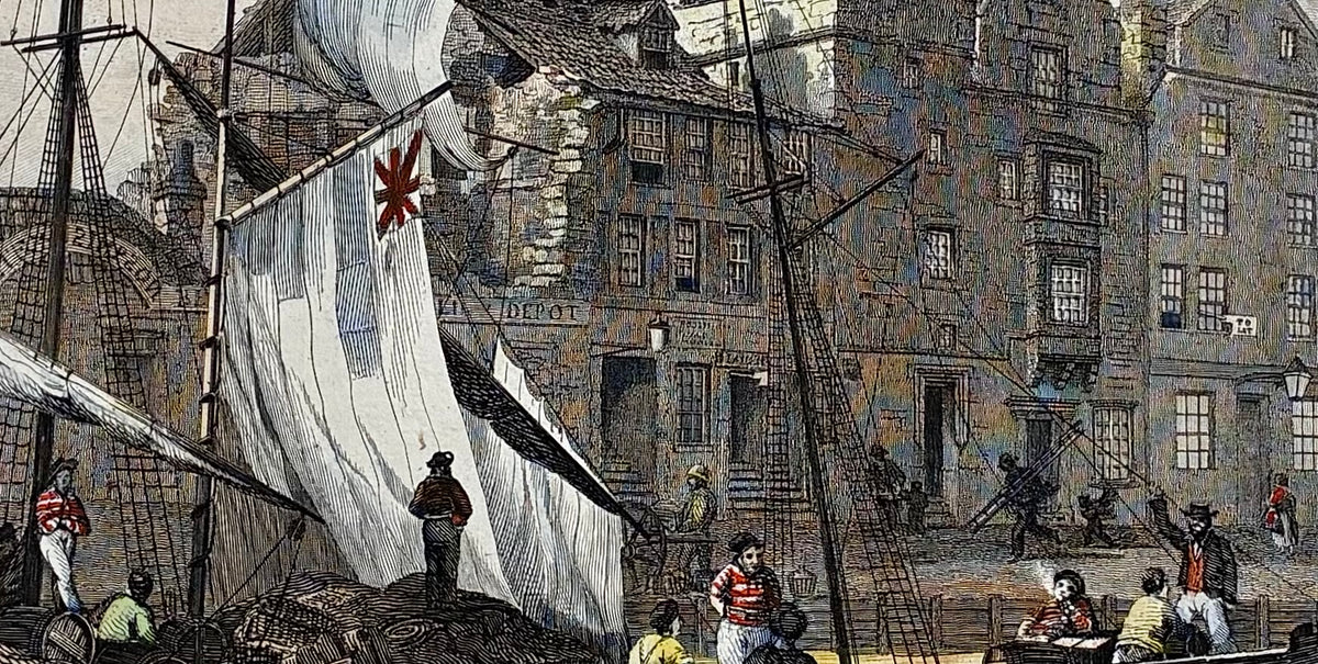 Close-up of engraving detail: Close up detail antique hand coloured steel engraving Ancient Council House Coal Hill Leith Edinburgh 1848 civic building stonework colour