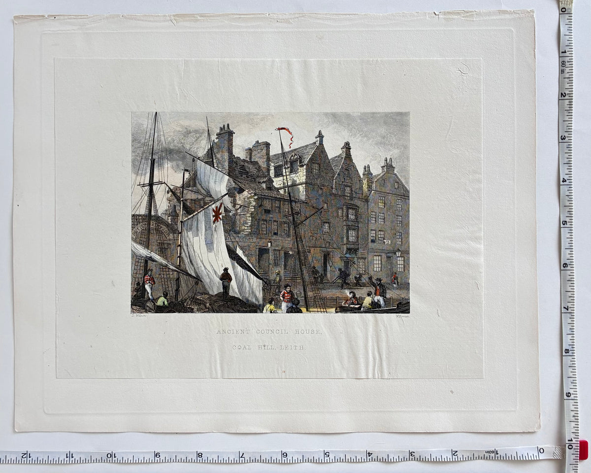 Measurements image (rulers on two sides): Antique hand coloured steel engraving Ancient Council House Leith Edinburgh 1848 with rulers showing paper dimensions 9 seven eighths x 12 quarter inches