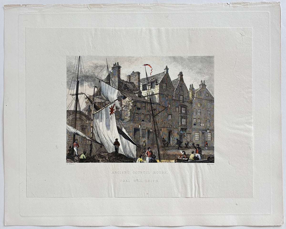 Condition/paper detail: Aged paper antique hand coloured steel engraving Ancient Council House Leith Edinburgh 1848 thin paper adhered thicker backing very minor wear beautiful original colouring