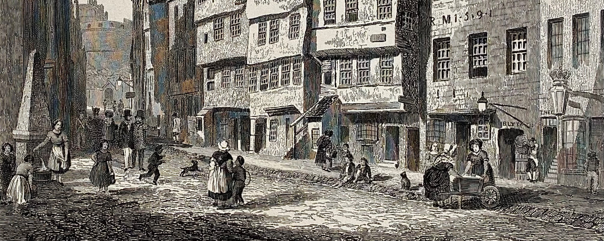 Close-up of engraving detail: Close up detail antique steel engraving Ancient Houses Castle Hill Edinburgh 1845 demolished buildings Old Town stonework