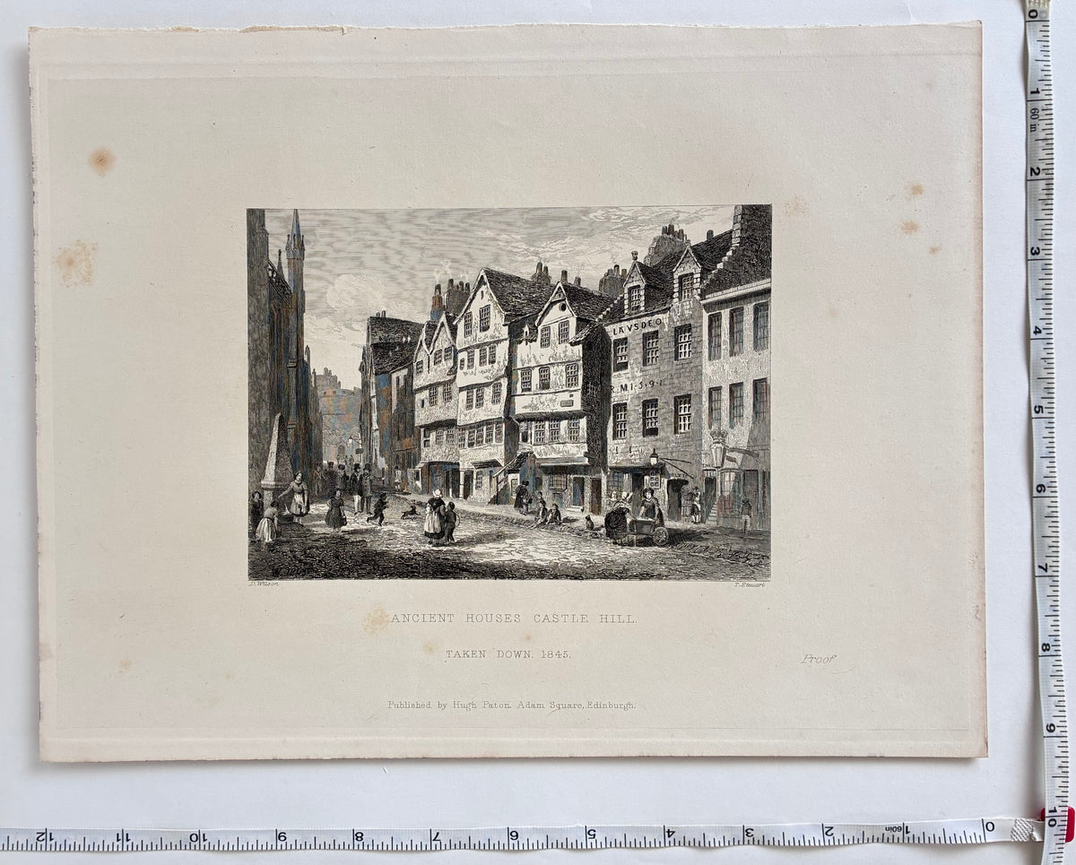 Condition/paper detail: Aged paper antique steel engraving Ancient Houses Castle Hill Edinburgh 1848 original proof impression minor foxing edge wear with measurements