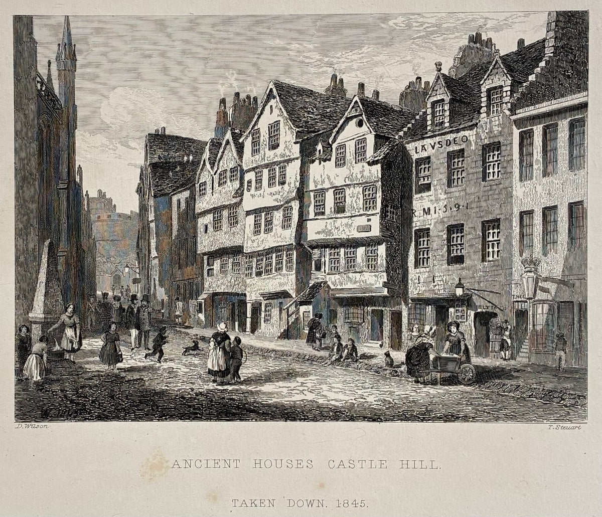 Main product image (cropped print): Antique steel engraving Ancient Houses Castle Hill Edinburgh taken down 1845 proof impression Daniel Wilson T. Steuart Hugh Paton Memorials of Edinburgh 1848