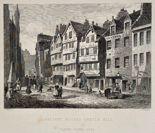 Main product image (cropped print): Antique steel engraving Ancient Houses Castle Hill Edinburgh taken down 1845 proof impression Daniel Wilson T. Steuart Hugh Paton Memorials of Edinburgh 1848