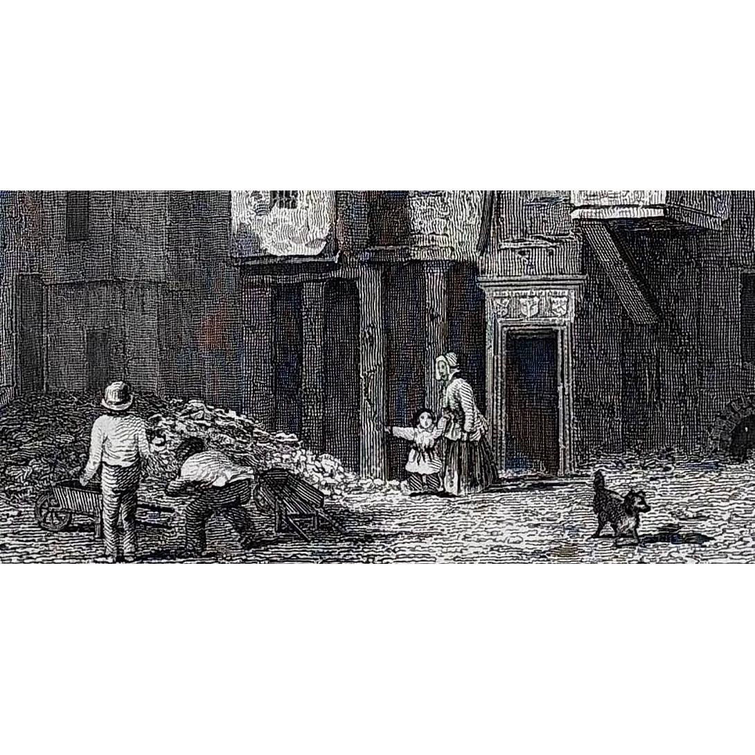 Close-up of engraving detail: Close up detail antique steel engraving Gosford’s Close Edinburgh 1835 demolished close Old Town stonework medieval architecture