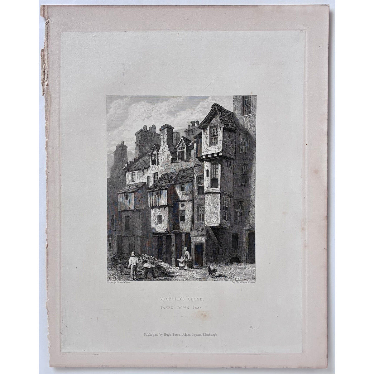 Condition/paper detail: Aged paper antique steel engraving Gosford’s Close Edinburgh 1848 original proof impression thin paper laid on thicker backing faint foxing edge wear