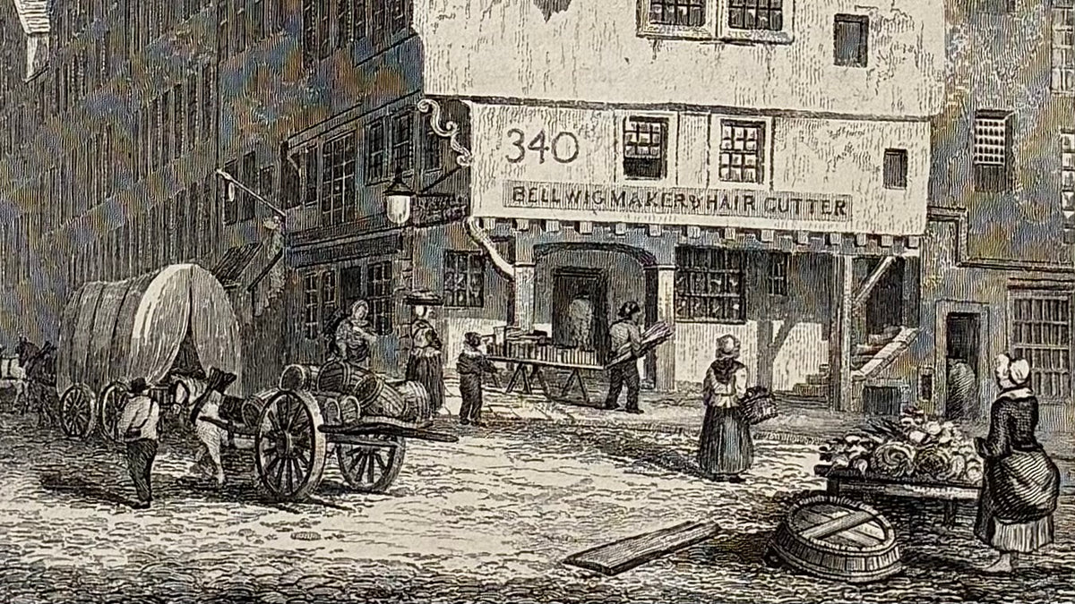 Close-up of etching detail: Close up detail antique steel etching Head of West Bow Lawnmarket Edinburgh 1848 ancient tenements Old Town junction medieval architecture