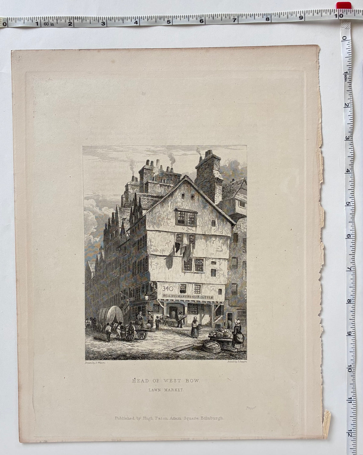 Measurements image (rulers on two sides): Antique steel etching Head of West Bow Edinburgh 1848 with rulers showing paper dimensions 12 x 9 three eighths inches