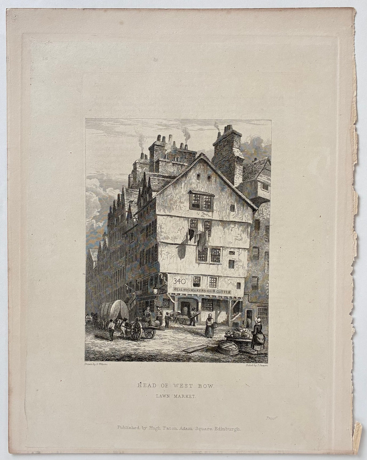 Condition/paper detail: Aged paper antique steel etching Head of West Bow Edinburgh 1848 thin paper adhered thicker backing wear right side edge removed from book