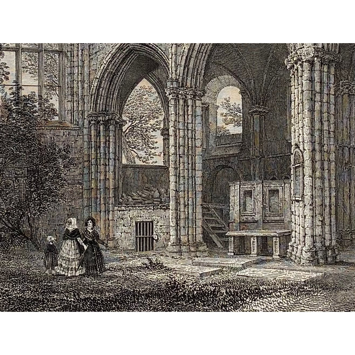 Close-up of engraving detail: Close up detail antique steel engraving Holyrood Chapel Royal Vault Edinburgh 1848 ruined abbey nave entrance Scottish royal burial