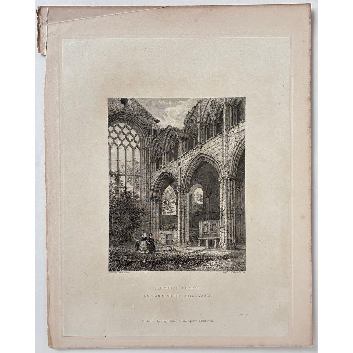 Condition/paper detail: Aged paper antique steel engraving Holyrood Chapel Edinburgh 1848 proof impression thin paper adhered thicker backing wear crease top left corner