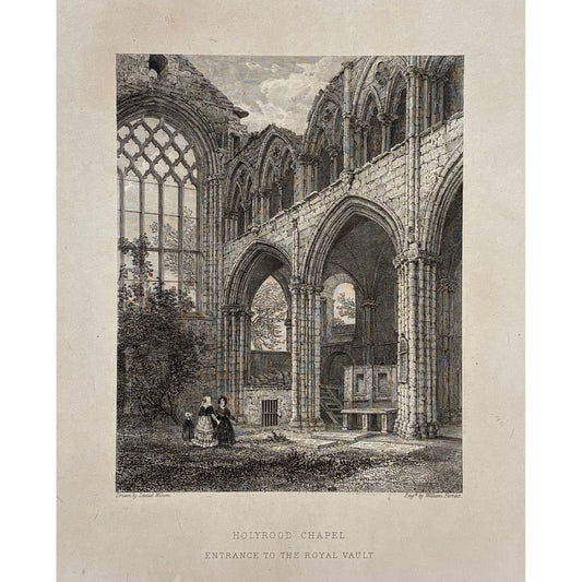 Main product image (full print): Antique steel engraving Holyrood Chapel Entrance to the Royal Vault Edinburgh proof impression Daniel Wilson William Forrest Hugh Paton Memorials of Edinburgh 1848